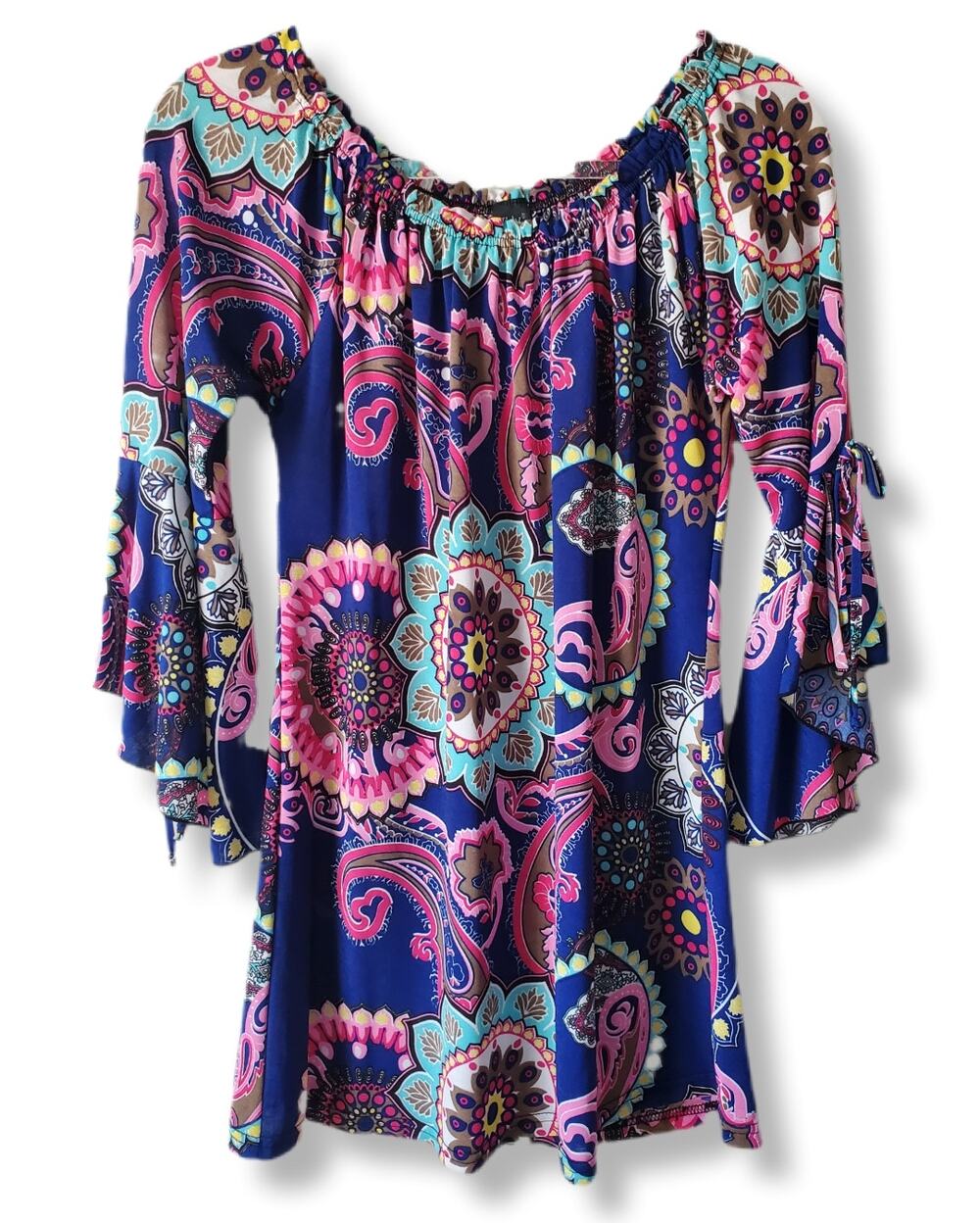 Women Lildy Colorful Floral Tie Sleeve Tunic Top S Lagenlook Artsy Art to Wear